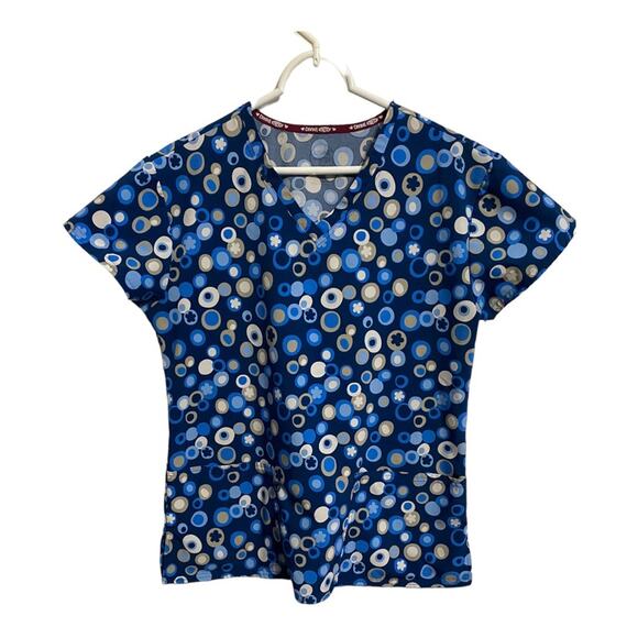 Scrub Top Divine Stretch Size Small Blue Print Front Pockets V Neck - Picture 12 of 12